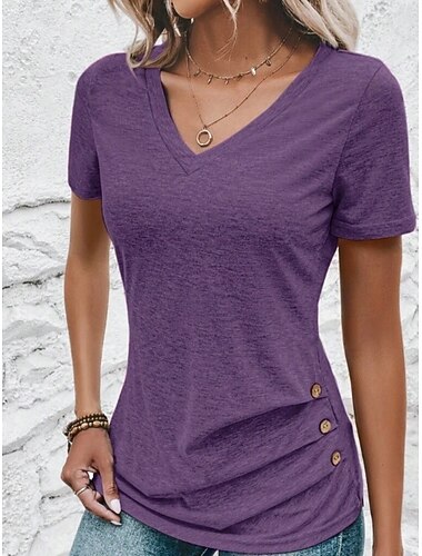  Per donna Top estivi Tinta unica Elegante Casual Manica Corta Scollo a V Top Regolari Quotidiano Bottoni Verde militare Rosso Viola Fucsia Grigio Estate Primavera