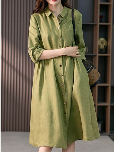 Per donna Abito Midi Abito a trapezio Abito Estivo Casual Quotidiano Vestibilità regolare Semplice Manica 3/4 Bavero Rosa Verde Estate Primavera Autunno