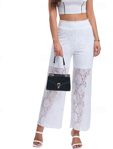  Per donna Gamba larga Pantaloni Eleganti Streetwear Casual Lunghezza intera Naturale Semplice Pizzo Patchwork Elastico in vita Confortevole Ferie Uscire Verde translucido Nero Bianco Blu scuro Autunno