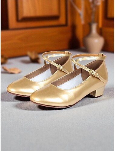  Scarpe da ballo da donna con tacco basso color oro - Scarpe da ballo professionali da sala da ballo con suola morbida e cinturino incrociato per spettacoli latino-americani e jazz