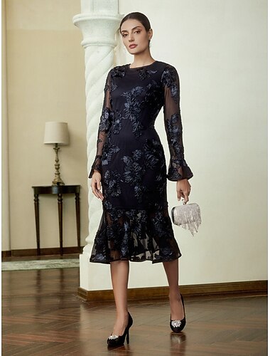  besticktes Cocktail-Party-Midikleid mit langen Ärmeln