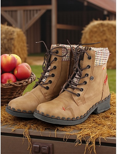 Women's Retro Lace-Up Ankle Boots – Vintage Casual Combat Boots with Woven Trim for Fall Farm Trips, Outdoor Adventures and Street Style