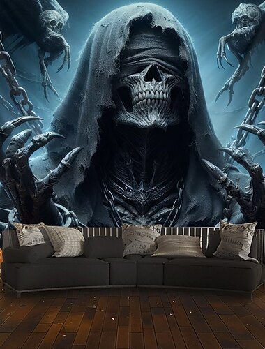  Halloween Hanging Tapestry Death God Photograph Backdrop Jack O Lantern Wall Art Large Tapestry Mural Decor Blanket Curtain Home Bedroom Living Room Decoration Death Selfie