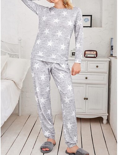  Damen Schlafanzug Set Lässig Komfort Stern Elastischer Bund T Shirt Hose Heim Täglich Langarm Rundhalsausschnitt Weiß Rosa Sommer Frühling Herbst Normale Passform
