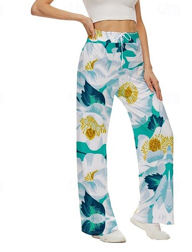  Dam Brett skaft Byxor Streetwear Ledigt Fullängd Naturlig Blomma Mönster Elastisk dragsko-design Mjuk Gata Helgdag Helgen Grön Höst Normal