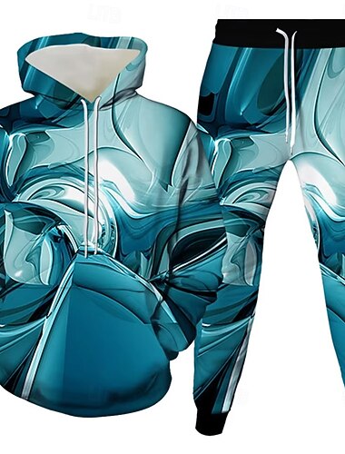 Herre Geometrisk 2stk 3D sweatshirt sæt Træningsdragt Hættetrøje Langærmet Lange bukser Hætte Sporty Afslappet Hverdag Moderne atletiktøj 3D-udskrivning Forår Efterår Vinter Rødkælkeæg Blå Grøn