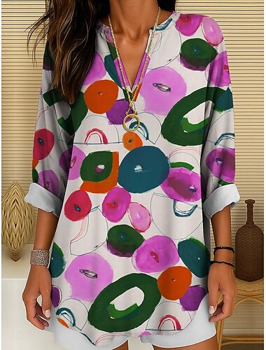  Tunic Blusa da Donna V Neck Manica Lunga Boho Casual Grafica Geometrica Pois Vintage Quotidiana Stile Regular Tops Stampa Quotidiana Gialla Rosa Blu Viola Verde Autunno
