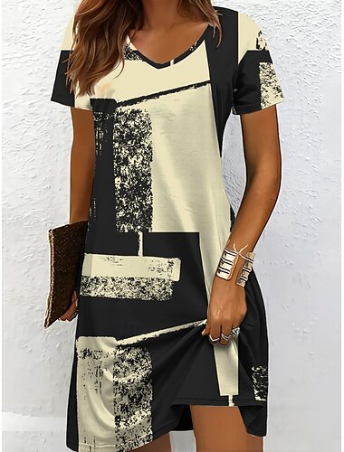  Per donna Mini Abito Abito a Maglia Vestito Casual Vestito T-Shirt Vestito Estivo Vacanza Casual Vestibilità regolare Grafico Geometrico Astratto Manica Corta Scollo a V Bianco e nero Champagne Rosso