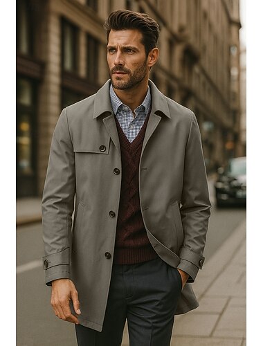  Da uomo Trench Formale Ufficio Primavera Autunno Interstagionale Poliestere Capispalla Abbigliamento Elegante Quotidiano Tinta unica Colletto ripiegato Monopetto