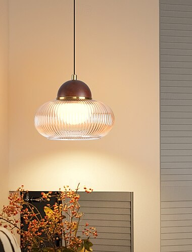  Lampada a sospensione classica vintage, materiale in legno, vetro e metallo, altezza 15 cm, luce bianca calda/bianca/neutra, LED integrato, catena regolabile