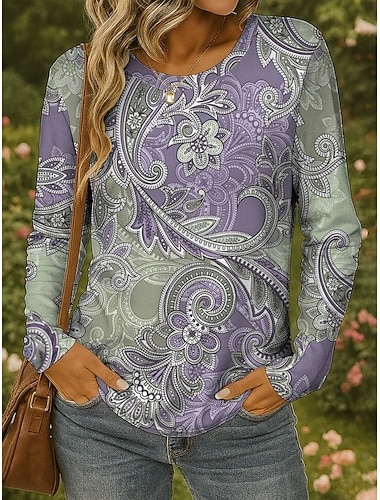  Dames T-shirt Grafisch Paisley Vintage Stijlvol Basic Lange mouw Strakke ronde hals Ronde hals Normale tops Dagelijks Weekend Afdrukken Geel Blozend Roze blauw Paars Groen Lente, Herfst, Winter, Zomer