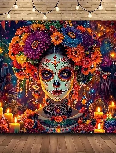  Halottak Napja Cukor Koponya Fali Tapéta Háttér Mexikói Dia de los Muertos Színes Dekoráció a 2025-ös Halloweenra a Nappaliban Hálószobában