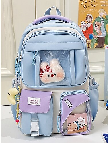  Mochila kawaii com janela transparente para meninas adolescentes – mochila de pelúcia em formato de coelho com vários bolsos, linda mochila escolar para o ensino fundamental ou uso diário
