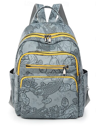  Kunstleren rugzak met reliëf koi- en lotusontwerp – boho-esthetische schooltas voor tieners en kunstliefhebbers