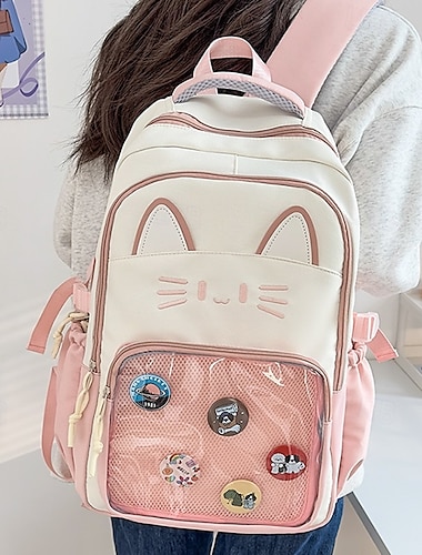  Zaino kawaii con orecchie di gatto per bambine – grazioso zaino rosa con tasca trasparente e spille dei cartoni animati per adolescenti e bambini