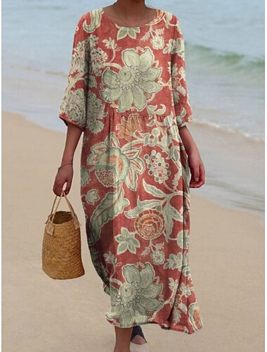  Per donna Abito Midi Vestito Casual Abito Stampato Vintage africano Quotidiano Spiaggia Weekend Vestibilità regolare Floreale Manica 3/4 Girocollo Rosa Rosso Fucsia Verde Estate Primavera Autunno