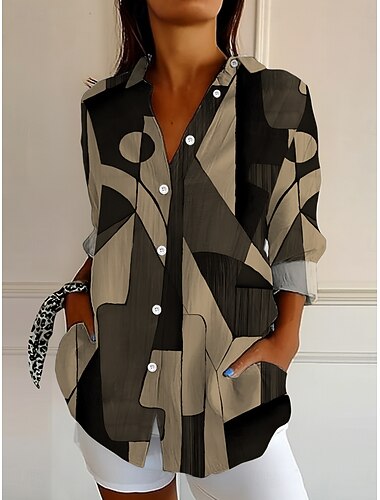  Women's Shirt Button Down Tunic Shirt Collar Long Sleeve Graphic Geometric Abstract Vintage Daily Stylish Regular Tops Work Daily Holiday s Print Black And White Pink Blue Purple Green Spring Fall