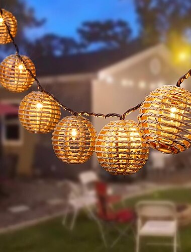  Guirnalda de luces decorativas con forma de bola de alambre de ratán - 10 luces de mimbre de ratán con forma de globo, ideal para patio interior y exterior, para el hogar, pérgola, porche, fiesta,