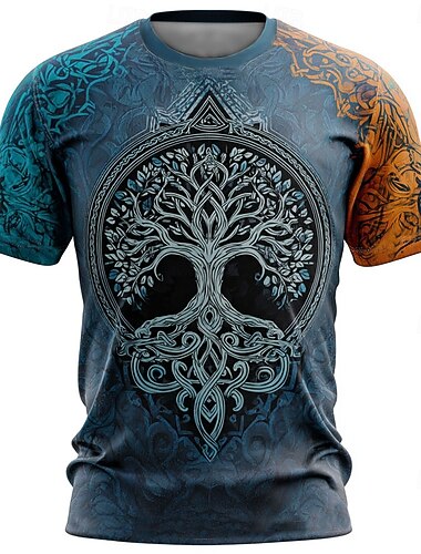  رجالي 3D سلتكس شجرة الحياة تي شيرت كم قصير تي شيرت طباعة ثلاثية الأبعاد رقبة عالية مدورة قميص الفايكينج مصمم مناسب للحفلات شارع فضفاض أصفر أزرق بني الصيف الربيع ملابس S M L XL XXL XXXL