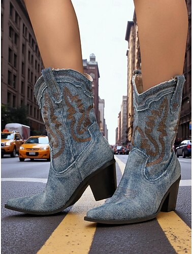  Botas de cowboy femininas estilo western jeans - botas vintage de salto médio, bico fino e salto bloco bordado, estilo cowgirl americano clássico para festivais de música country e festas de rodeio