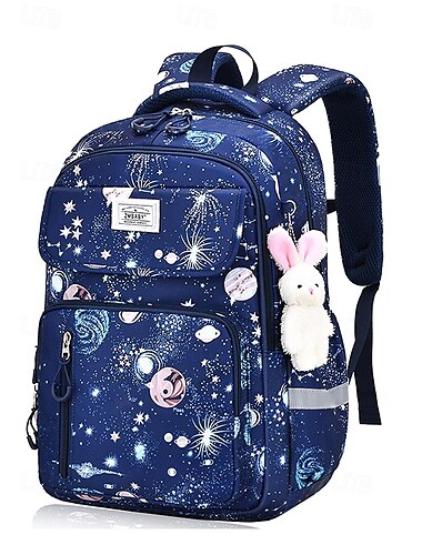  Dětský nepromokavý školní batoh s potiskem galaxie - roztomilý velkoobjemový školní batoh s přívěskem králíka pro děti a žáky základní školy, růžová, fialová, tmavě modrá