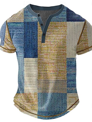  Per uomo Geometrico Maglia Henley Maglietta a nido d'ape Manica Corta Quotidiano Retrò Vintage Classico Sport all'Aperto Casuale Ferie Primavera & Estate Tutte le stagioni Marrone Scuro Verde Blu