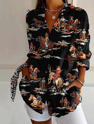  Women's Shirt Blouse Flower Modern Casual Long Sleeve Shirt Collar Regular Tops Holiday Going out Buttons Print Black Navy Blue Orange Green Gray Summer