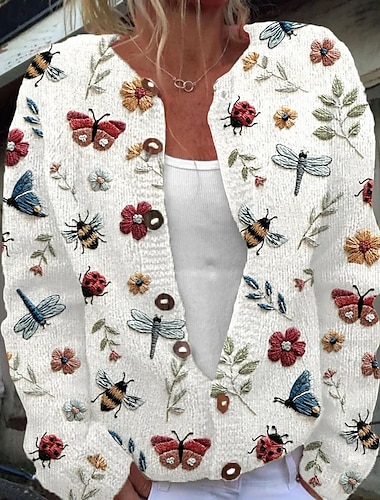  Dame Genser Kofte Mote Gatemote Daglig Blomstret Riflet Åpen Forside Strikket Trykt mønster Langermet Crop Tops Strikke Ferie Ut på byen Helg Hvit Blå Høst Vinter