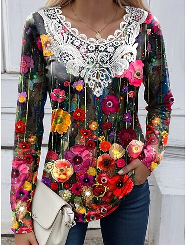  Blusa donna tunica pizzo cucito scollo a V manica lunga grafica floreale piante vintage girocollo top regolari quotidiani uscita weekend stampa pizzo nera rossa azzurro polveroso verde primavera