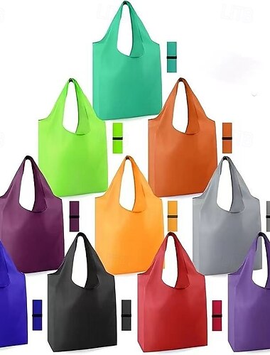  10 st återanvändbara vikbara shoppingkassar, slitstarka tvättbara polyesterkassar med robusta handtag, ljusa färger, miljövänliga matkassar för dagligt bruk, resor, kontor och ärenden.