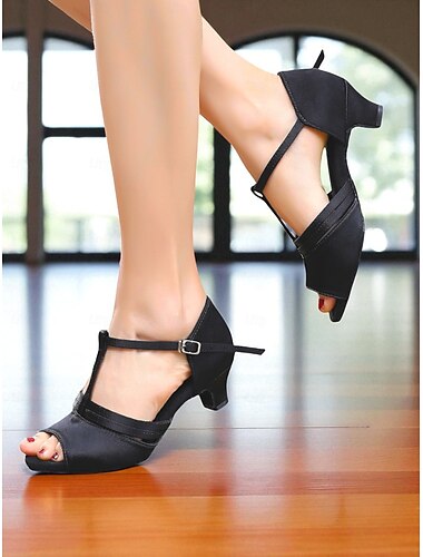  Women's Black Satin Latin Dance Shoes - T-Strap Peep Toe Ballroom Heels for Beginners and Professionals, Ideal for Salsa, Rumba, and Practice Sessions