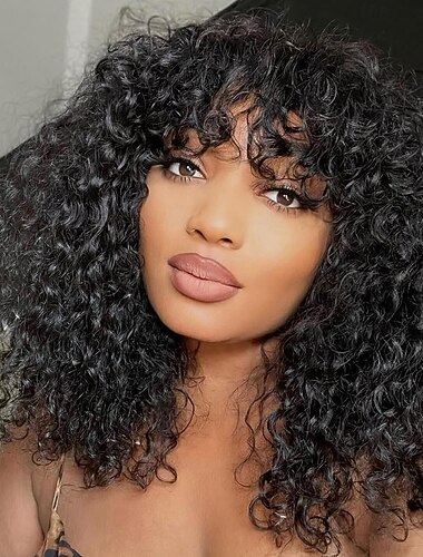 Parrucca riccia in capelli umani con frangia, parrucche ricce in capelli umani brasiliani al 100%, parrucca realizzata a macchina per donne nere, parrucca riccia in capelli umani di colore naturale.