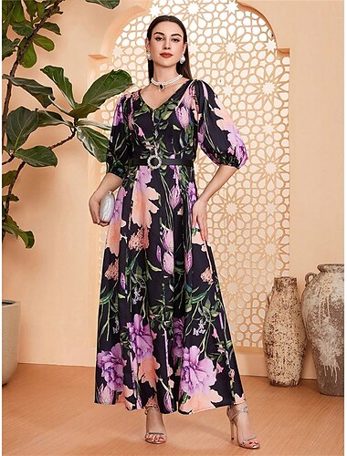  Linea ad A Abito da cerimonia per signora Elegante Scollo a V Lunghezza al pavimento Chiffon Mezza Manica con Fascia / Nastro Pieghe Fiore 2025