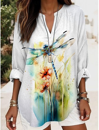  Damen Bluse Grafik Tiermotiv Elegant Stilvoll Lässig Langarm V Ausschnitt Normale Oberteile Täglich Ferien Druck Weiß Rosa Grün Sommer Frühling