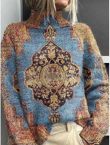  Жен. Вязаная ткань На каждый день Мягкий Графика Геометрический принт Рельефный узор Хомут Трикотаж С принтом Длинный рукав Обычные топы Вязать на открытом воздухе Повседневные выходные Винный Синий