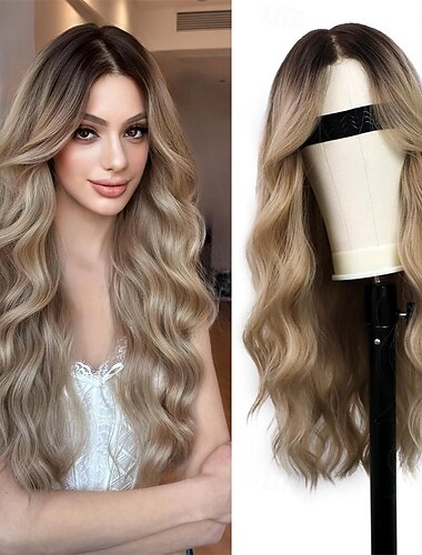  Parrucca Sintetica Riccio Riga centrale Fatto a macchina Parrucca Lungo Marrone scuro Nero Naturale Marrone Ombre Grey Ombre Blonde Capelli Sintetici Per donna Morbido Moda Facile da trasportare