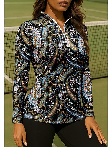  Damen Grafik Geometrisch Shirt Sporthemd Golf-Poloshirt Tennis Shirt Langarm Reißverschluss Blumen UPF50+ UV-beständig Hohe Elastizität Feuchtigkeitsableitend Atmungsaktiv Tennis Golfspiel Pickleball