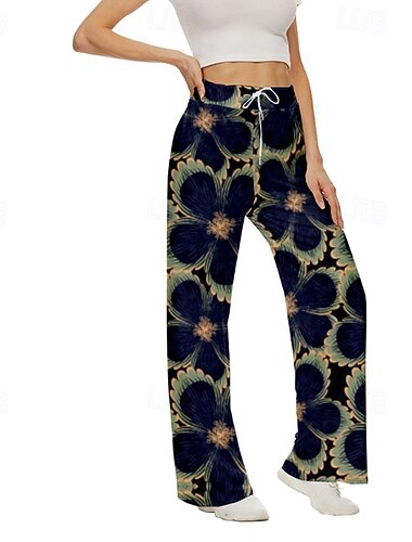  Women's Wide Leg Slacks Streetwear Casual Full Length Natural Flower Print Elastic Drawstring Design Comfortable Street Holiday Daily Wear Black Fall Regular Fit