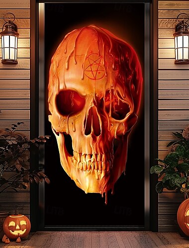  Woskowa Czaszka autorstwa Vincent Hie Halloween Osłony Drzwi Tkanina Drzwi Firanka Dekoracja Tło Baner Drzwi do Przedniej Drzwi Gospodarstwa Świąteczna Impreza Wnętrze Zewnętrzne Dekoracje Akcesoria