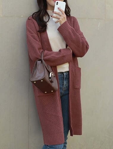  Per donna Felpa Cardigan Moda Streetwear Quotidiano Tinta unica A Coste Aperto davanti Lavorato a maglia Manica Lunga Top lunghi Maglia Ferie Uscire Weekend Rosso Beige Autunno Inverno