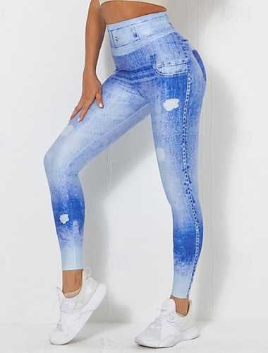  Γυναικεία Τζιν με εκτύπωση Denim Γιόγκα κολάν Έλεγχος κοιλιάς Ψηλή Μέση Γυμναστήριο Χορού Αθλητικά Παντελόνια Φούστες Μπλε Μπλε Απαλό Γκρίζο Φθινόπωρο Αθλητισμός Ρούχα Γυμναστικής Στενή εφαρμογή