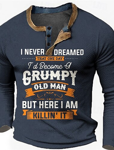  Men's Graphic Old Man Grumpy Henley Shirt Waffle T Shirt Long Sleeve 3D Print Fashion Designer Casual Sports Outdoor Holiday Festival Spring &  Fall Black Blue Brown Dark Blue Henley Henley T-Shirt