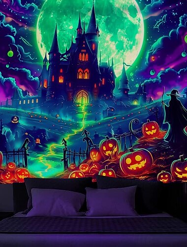  Tapiz de Halloween con luz negra castillo de brujas reactivo a UV brilla en la oscuridad bosque montaña psicodélica neblina cementerio fantasma tapiz colgante arte mural para sala de estar y