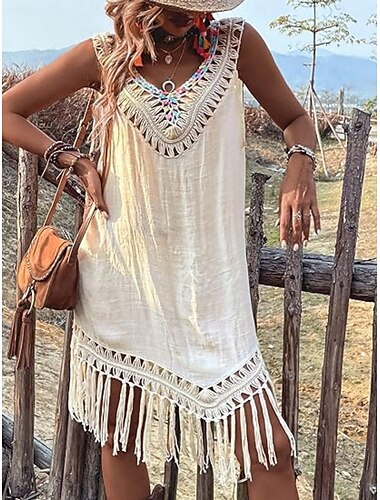  Dámské Mini šaty Boho šaty Módní Moderní Dovolená Plážové Víkend Běžný Bez vzoru Bez rukávů Do V Béžová Léto