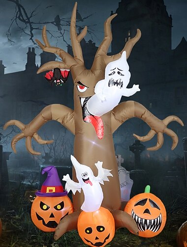  2,44 m langer, aufblasbarer Halloween-Baum für draußen, toter Baum mit Geist und Kürbis, aufblasbare Halloween-Gartendekoration mit LED-Lichtern, aufblasbarer Halloween-Baum, Halloween-Dekoration für