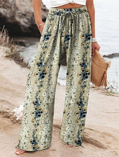  Damen Weites Bein Hosen Hose Palazzo-Hose Mode Boho Volle Länge Hohe Taille Blume Elastischer Bund Kordelzug Druck Atmungsaktivität Bequem Straße Alltagskleidung Ausgehen Khaki Frühling Herbst