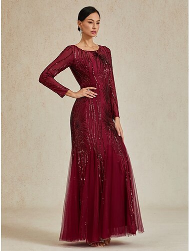  Femmes Robe maxi Robe Trompette Sirène Élégant Fête Formel Cocktail Coupe régulière Couleur Unie manche longue Col ras du cou Rouge Bordeaux Printemps Automne Hiver
