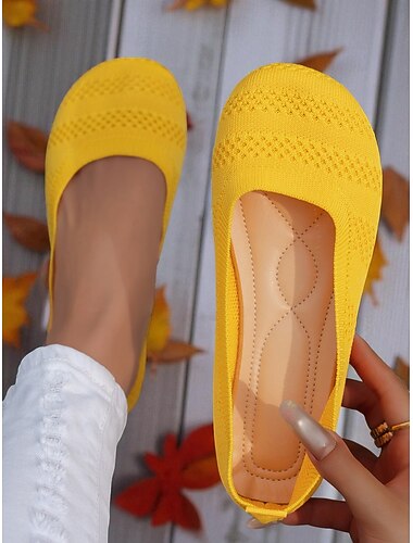  ballerine gialle Flyknit a punta larga da donna – scarpe casual traspiranti per lavoro, viaggi e gite primaverili