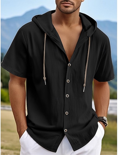  Miesten Paita Valkoinen puuvillainen paita Rento paita Button Up paita Puuvillainen paita Tavallinen Loma Katu Musta Valkoinen Khaki Harmaa Lyhythihainen Hupullinen Kesä Vaatetus Painike alas