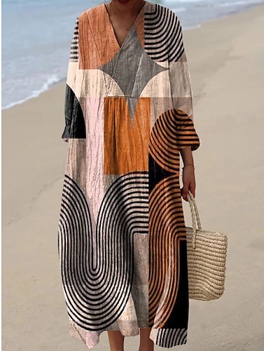  Per donna Abito Midi Vestito Estivo Abito a trapezio Vacanza Casual Boho Uscire Spiaggia Grafico Geometrico Manica Lunga Scollo a V Giallo scuro Rosso Marrone chiaro Blu Estate Primavera Autunno